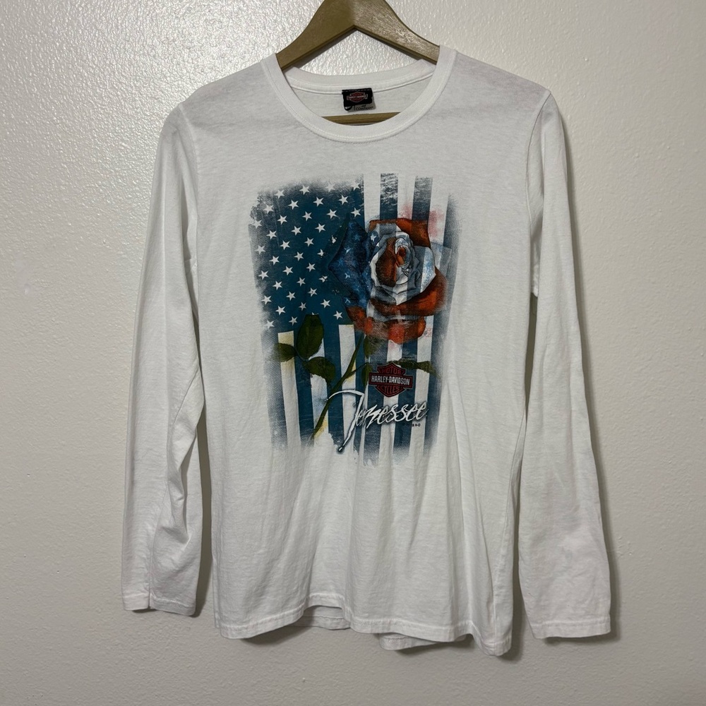 Harley Davidson Women’s Medium White Red Blue Flag Print Long Sleeve Shirt Biker